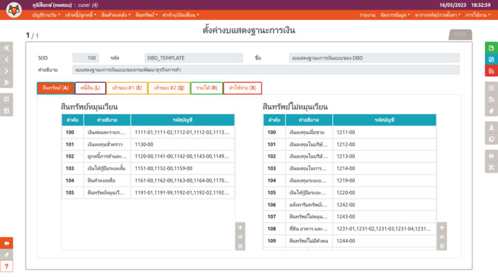 เพจ "ตั้งค่างบแสดงฐานะการเงิน" (แท็บสินทรัพย์)